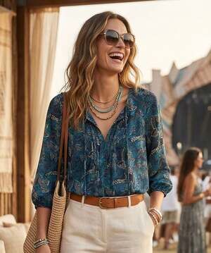 Gap Blue Floral Split Neck 3/4 Sleeve Blouse Size S